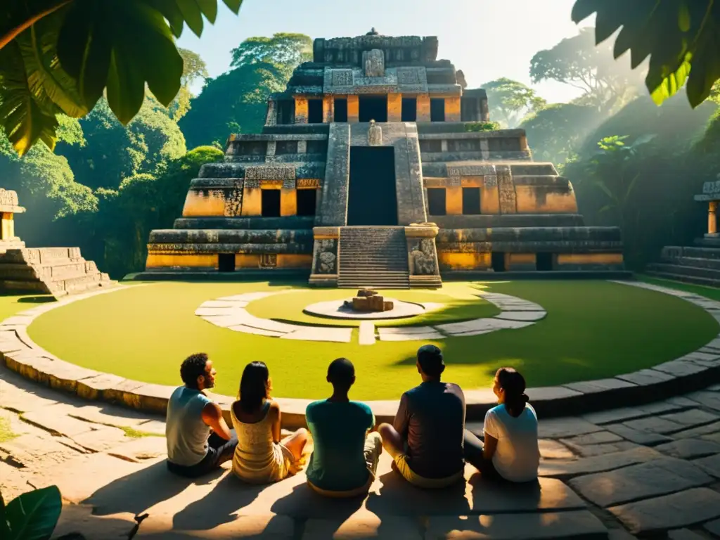 Un círculo de personas en un retiro filosófico bajo un antiguo templo maya en Centroamérica, rodeado de exuberante vegetación
