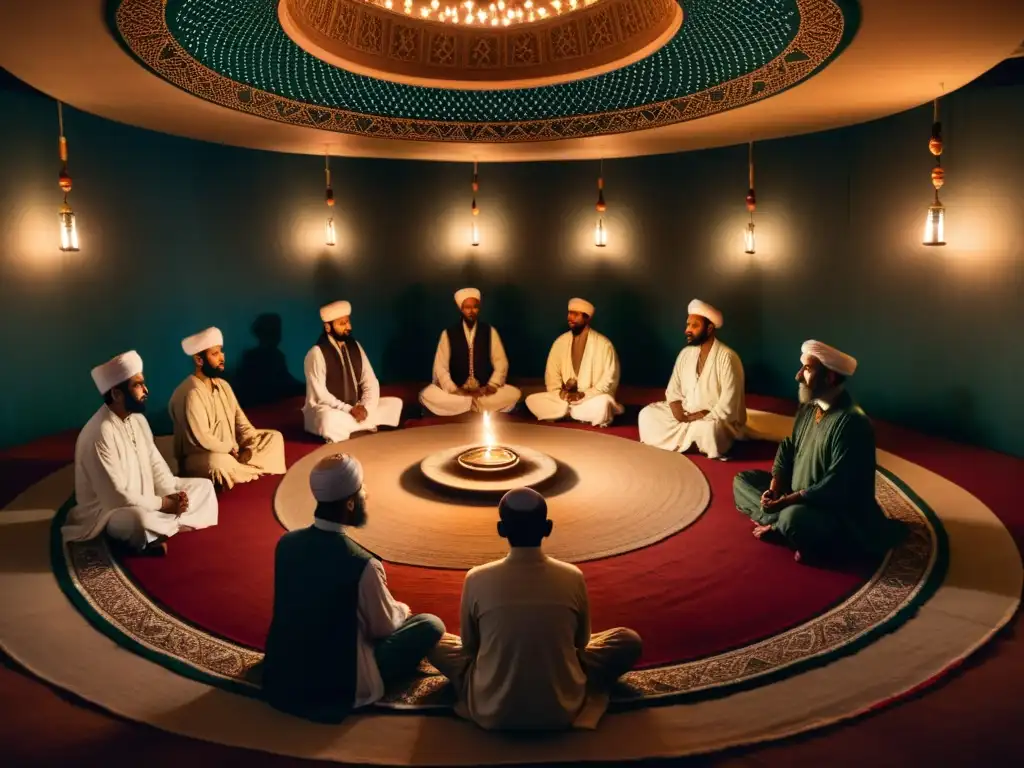 Un círculo de practicantes sufíes meditando en una habitación iluminada por velas, transmitiendo la esencia atemporal del sufismo en la era digital