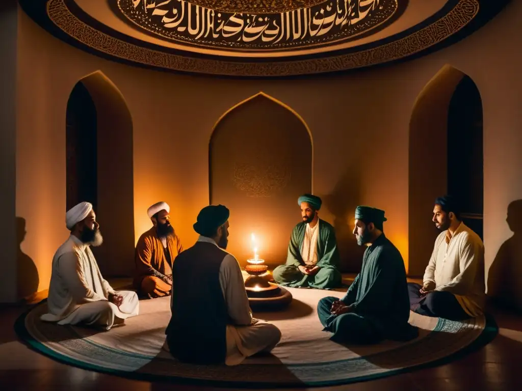 Un círculo de practicantes de Sufismo medita en un ambiente sereno iluminado por velas