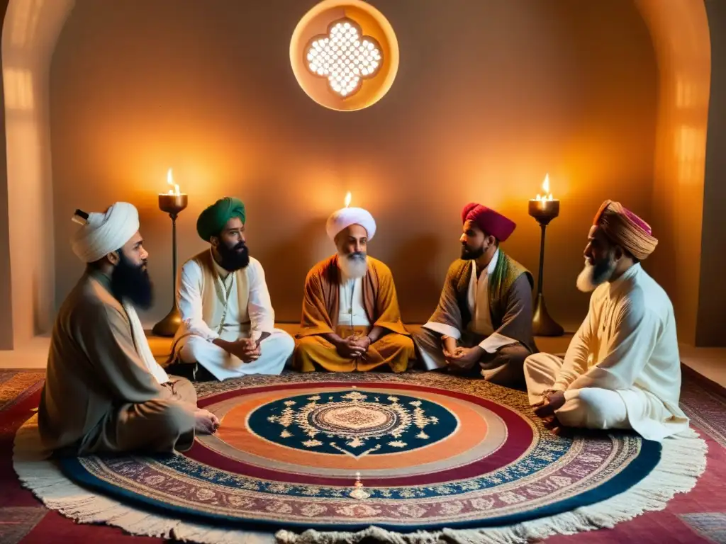 Un círculo de practicantes de Sufismo medita en una atmósfera de paz y conexión espiritual, rodeados de velas y tapices coloridos