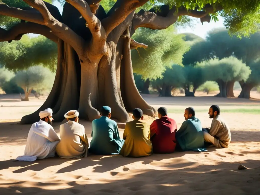 Un círculo de marabuts en profunda conversación bajo un árbol antiguo, irradiando sabiduría y tranquilidad