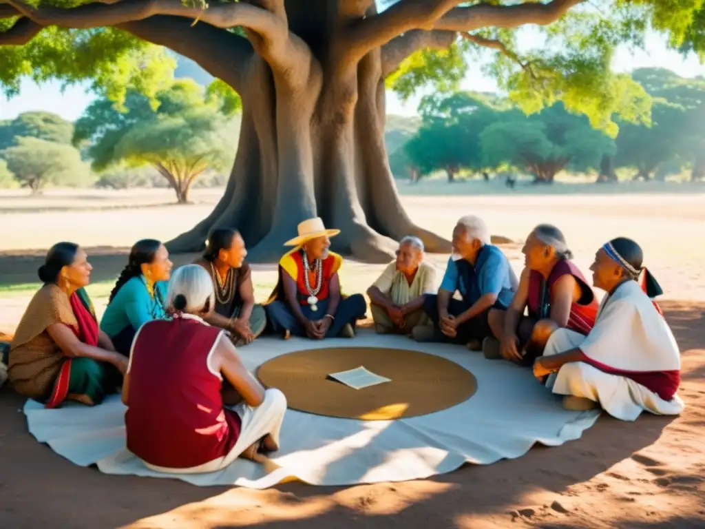 Un círculo de sabios indígenas discute bajo un árbol, mostrando la organización social en culturas indígenas