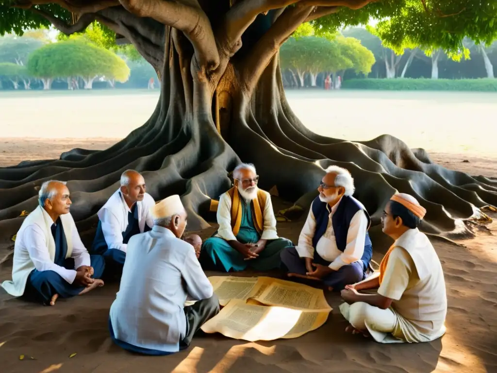 Un círculo de sabios hindúes de edad avanzada, vestidos con túnicas azafrán, discuten bajo un árbol banyan