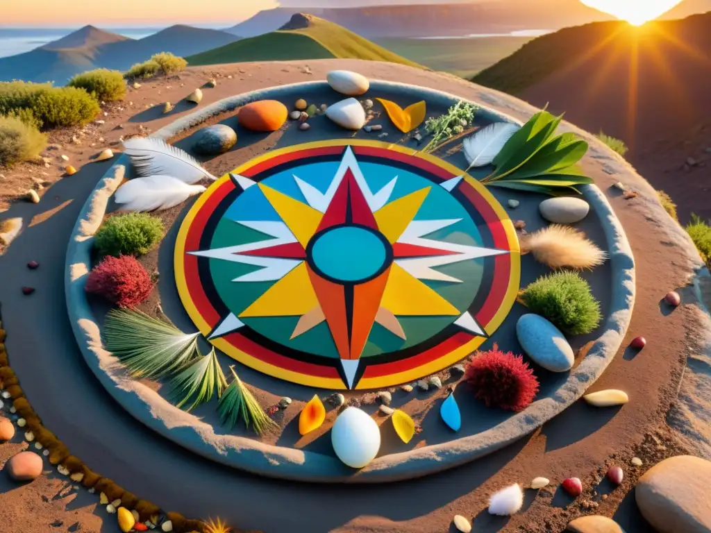 Un círculo sagrado de piedras coloridas y elementos naturales, con símbolos de los cuatro elementos y la filosofía nativa americana de los elementos esenciales