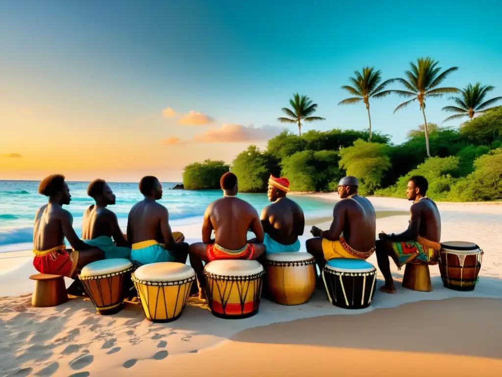Un círculo de tambores africanos en la playa al atardecer con influencia de la filosofía caribeña africana