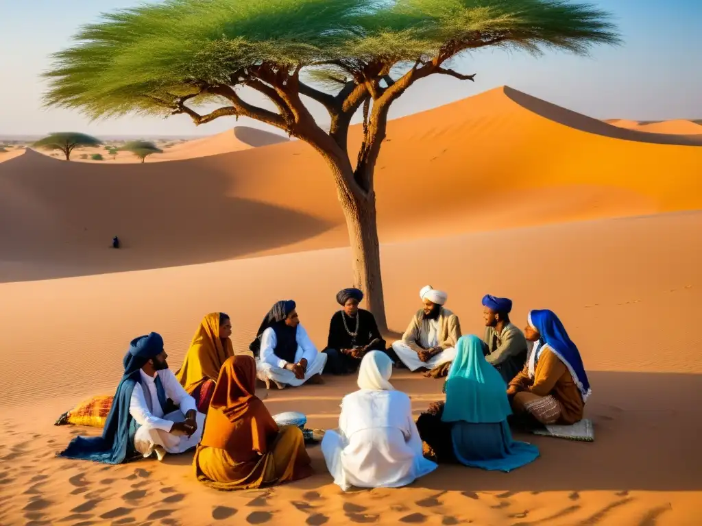 Un círculo de Tuareg bajo un acacia, discuten en el desierto del Sahara