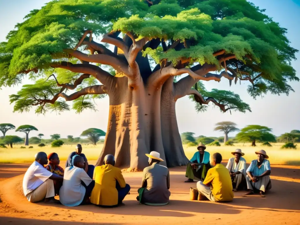 Un círculo de viajeros escuchando a un sabio africano bajo un baobab centenario