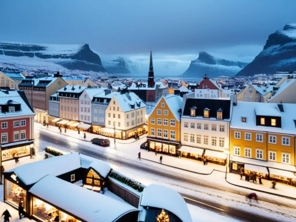 Una ciudad escandinava con arquitectura moderna, calles iluminadas y nieve cayendo, capturando la belleza del modelo socialista escandinavo y filosofía