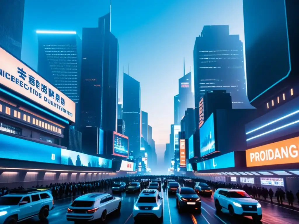 Una ciudad distópica envuelta en una neblina azul, con edificios imponentes y pantallas gigantes mostrando propaganda y vigilancia