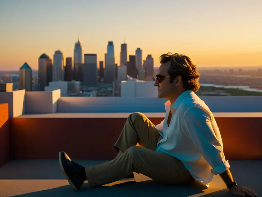 Joaquin Phoenix como Theodore en 'Her', contemplando la ciudad futurista al atardecer