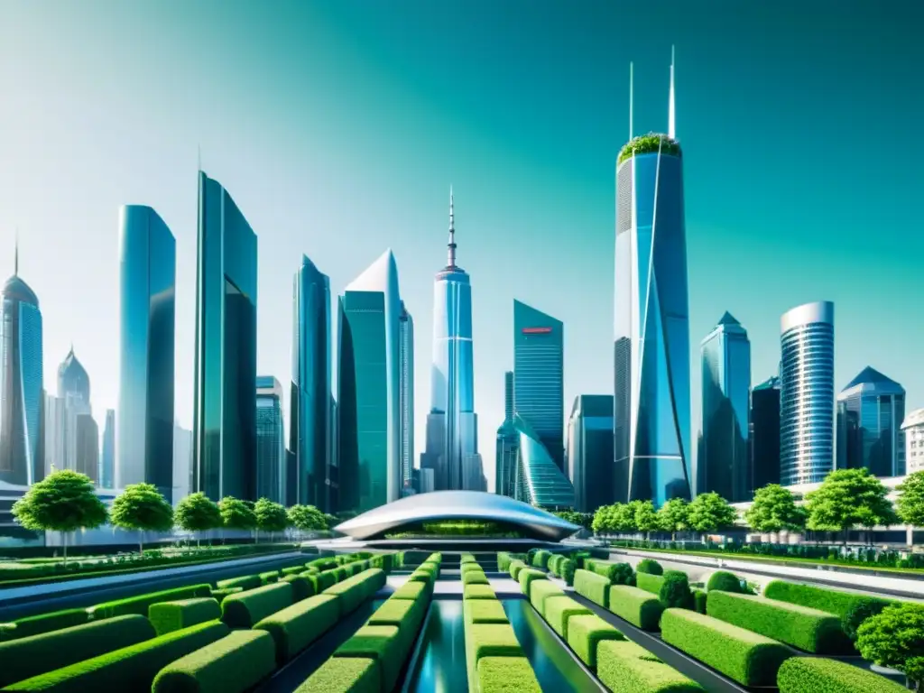 Una ciudad futurista impecable con rascacielos y tecnología avanzada, reflejando la filosofía de la sociedad perfecta utopía