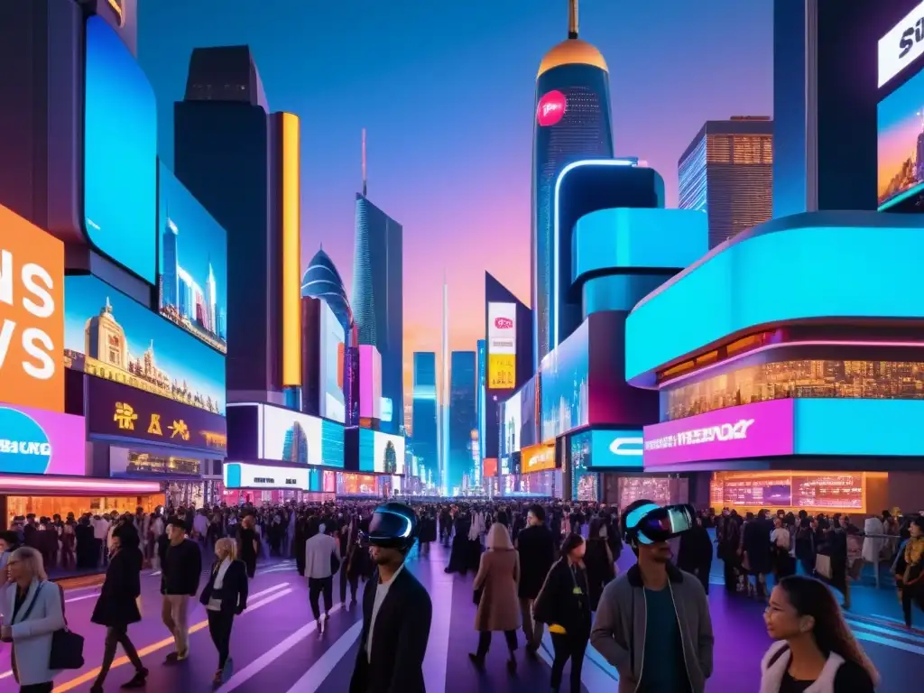 Una ciudad futurista de noche con luces de neón y anuncios holográficos