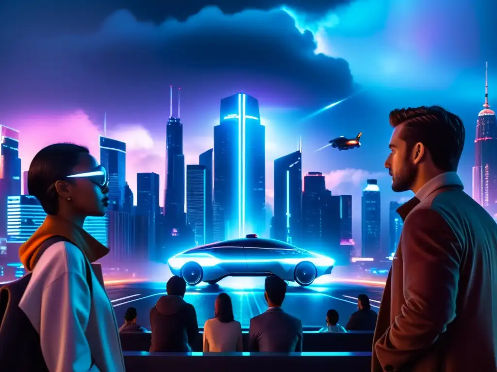 En una ciudad futurista oscura, con rascacielos iluminados por luces de neón, personas debaten sobre Ética en la era de la superinteligencia
