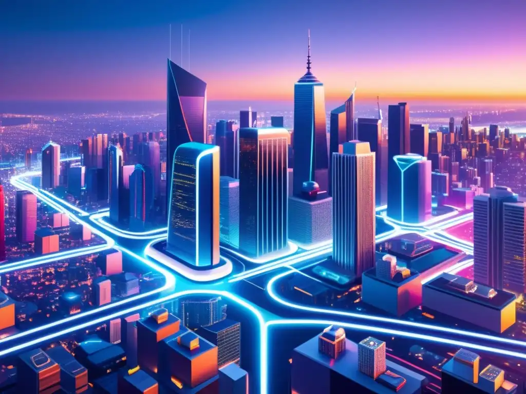 Una ciudad futurista con rascacielos brillantes y luces de neón, donde la conciencia en la IA ética se debate entre diversas personas
