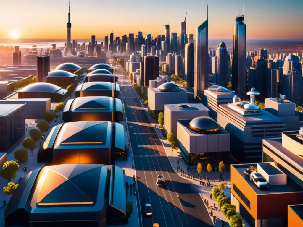 Una ciudad futurista con rascacielos, calles llenas de vehículos autónomos y trabajadores en entornos tradicionales y automatizados