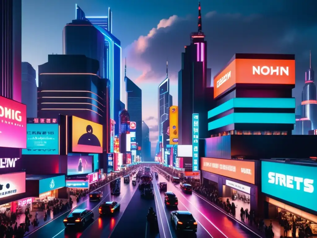 Una ciudad futurista con rascacielos iluminados por neón, robots y humanos, evocando una reflexión filosófica en Blade Runner