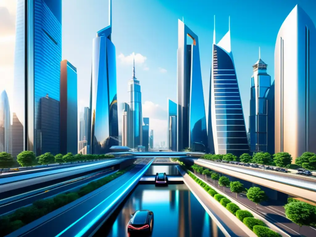 Una ciudad futurista con rascacielos imponentes y tecnología avanzada integrada en el entorno urbano