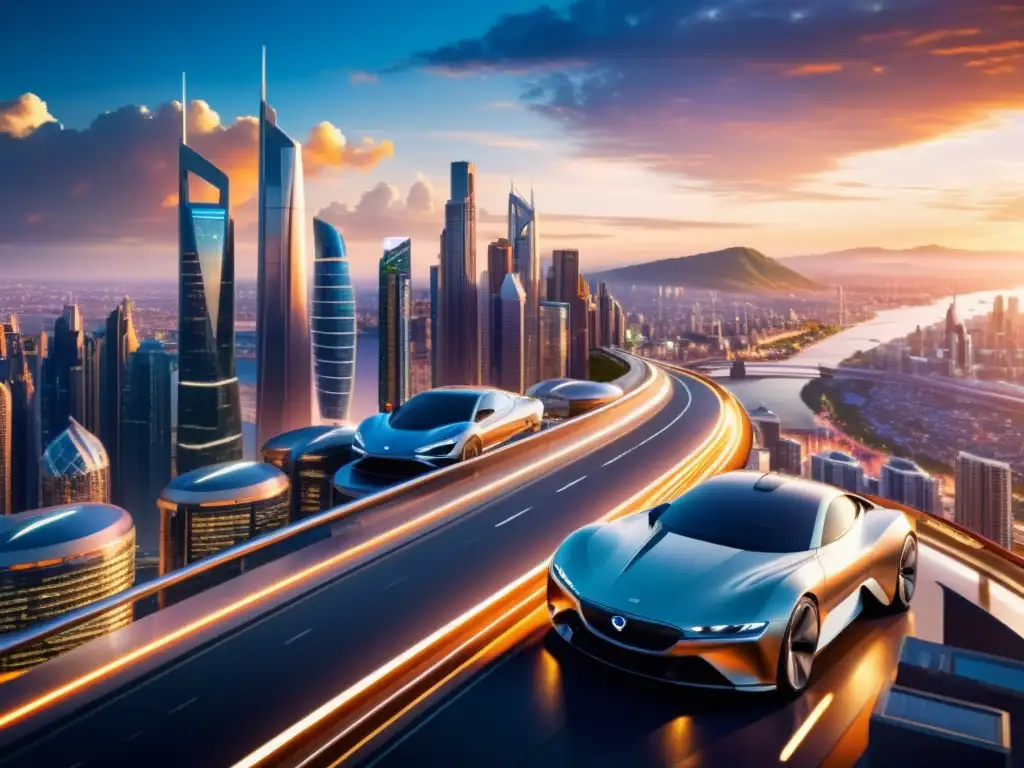 Una ciudad futurista con rascacielos interconectados y una arquitectura avanzada, bañada en la cálida luz del atardecer