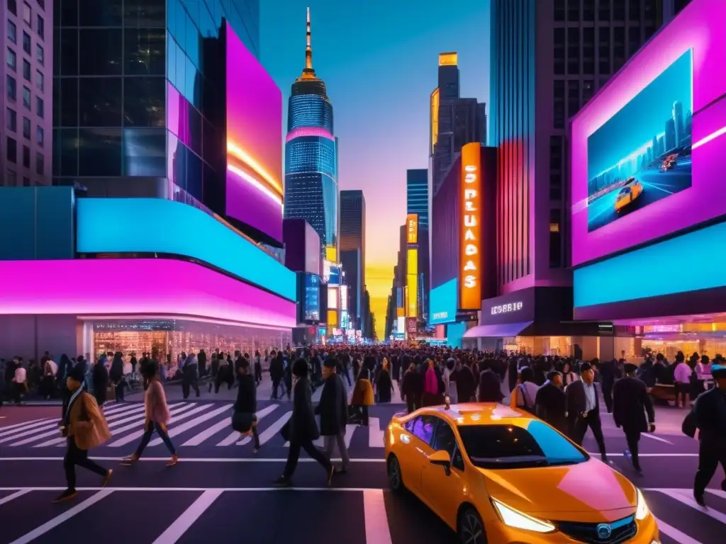 Una ciudad iluminada por luces de neón, con rascacielos y personas en movimiento, refleja la crítica al consumismo desde Teoría Crítica