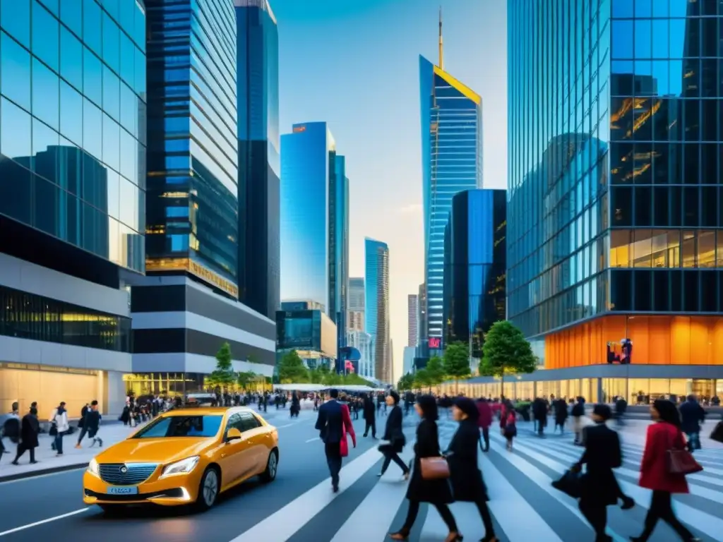Vibrante ciudad moderna: diversidad y energía Una ciudad moderna y diversa con rascacielos y bulliciosas calles, reflejando la justicia en la contemporaneidad