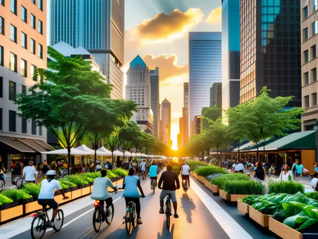 Una ciudad sostenible llena de vida, con rascacielos verdes y gente participando en actividades ecoamigables