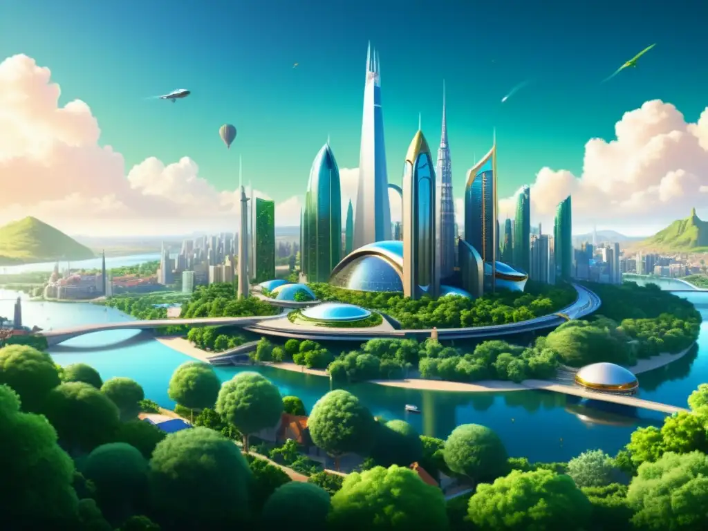 Una ciudad utópica inspirada en 'Utopía' de Tomás Moro, con arquitectura futurista, naturaleza exuberante y coexistencia armoniosa