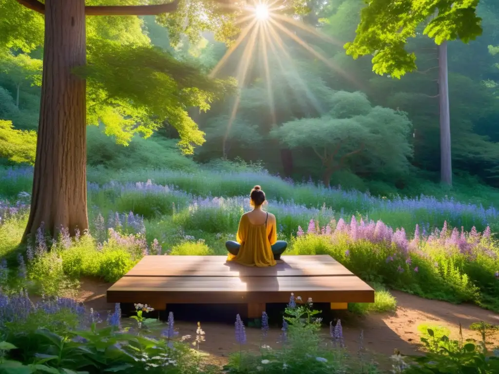 Un claro en el bosque bañado por el sol con personas meditando en un entorno sereno