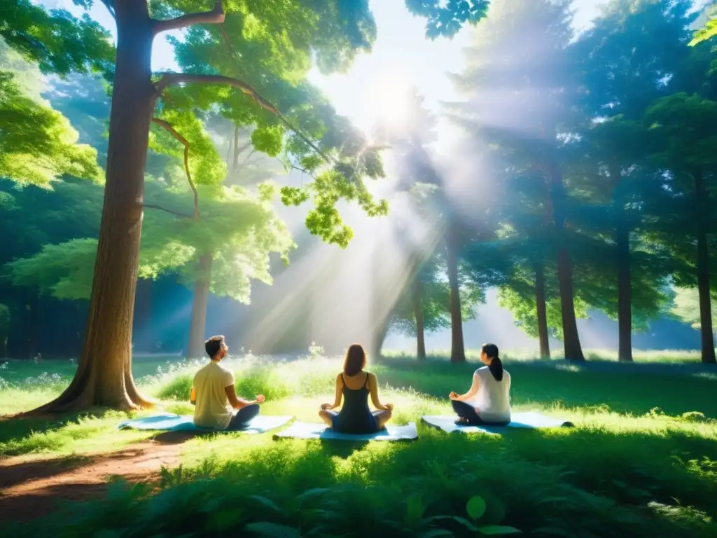 Un claro del bosque tranquilo y sereno, donde un grupo de personas medita con los ojos cerrados