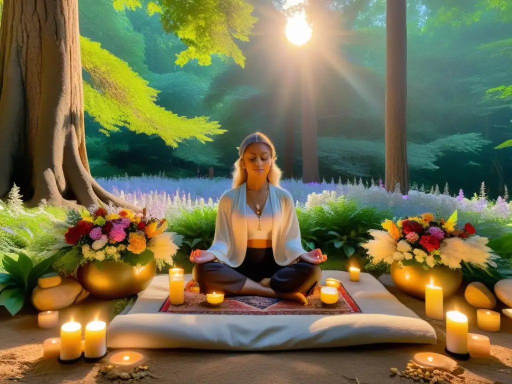 Un claro sereno en el bosque con un altar de meditación decorado y una figura en contemplación