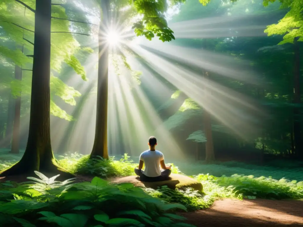 Un claro sereno en el bosque con una figura meditando, rodeada de árboles altos y luz solar filtrándose entre las hojas