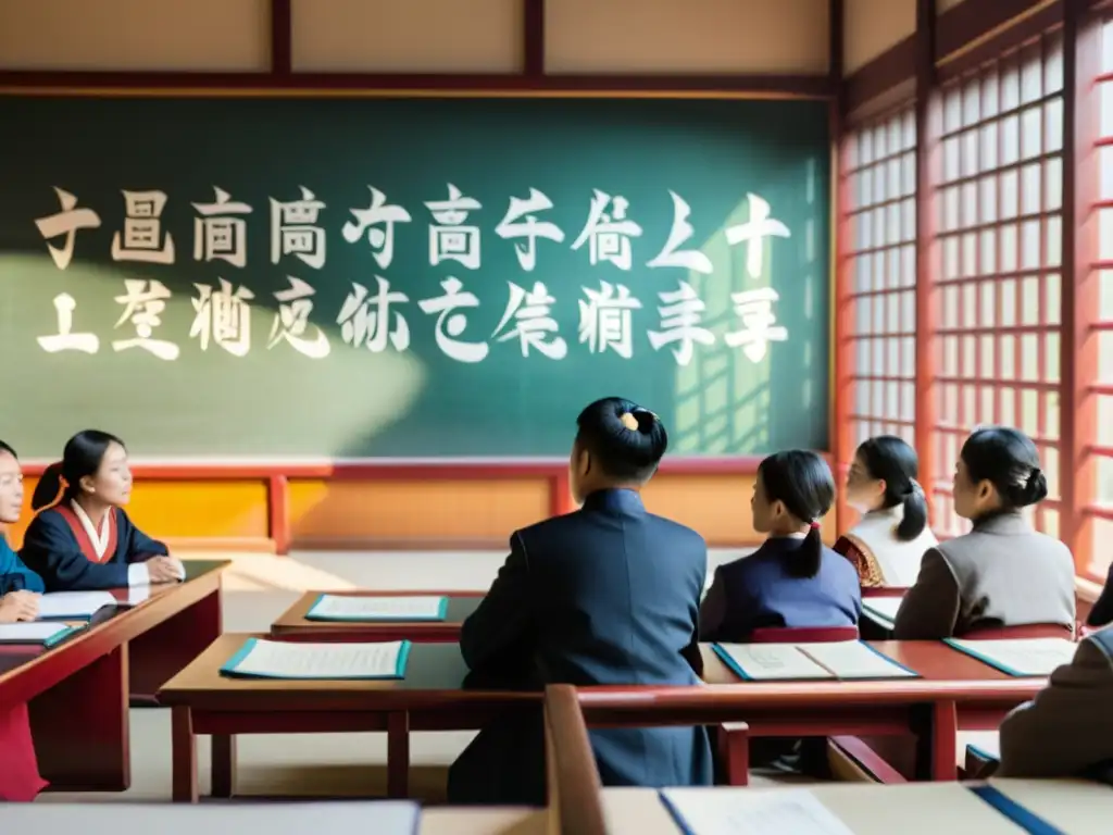Clase de enseñanzas de Confucio para educación: estudiantes atentos debaten en aula luminosa con arte chino