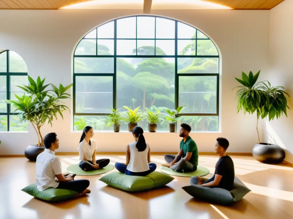Clase tranquila con aplicación de principios Tao en educación, luz natural, plantas y calligrafía minimalista
