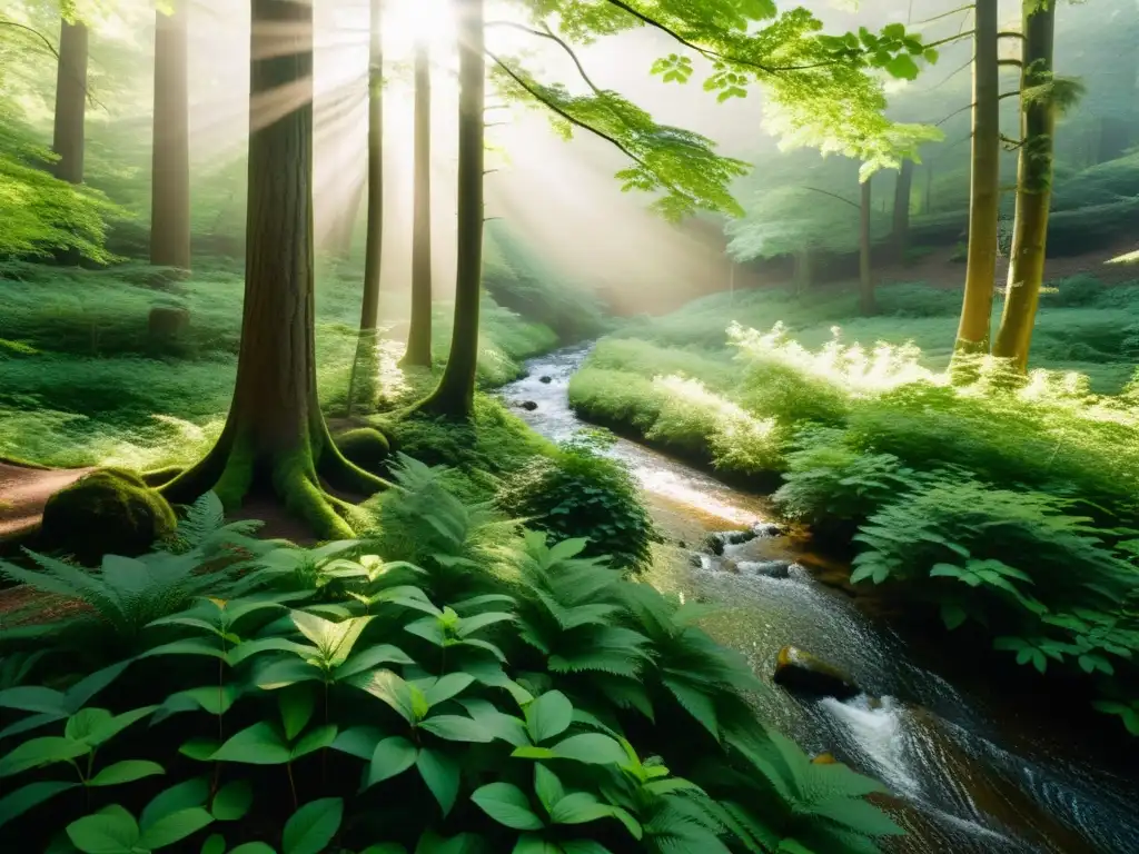 Claves filosóficas para vivir sin ansiedad: un claro boscoso con arroyo, árboles antiguos y luz filtrada, transmite serenidad en la naturaleza