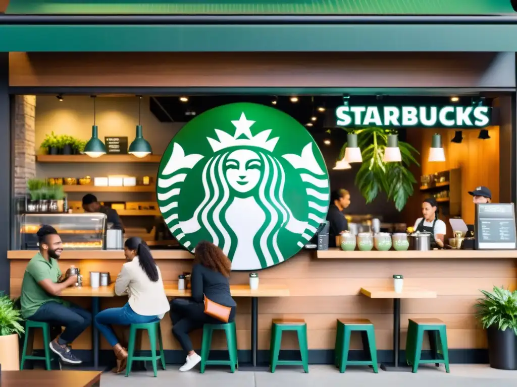 Clientes disfrutan en Starbucks de una ciudad vibrante, reflejando el ambiente relajado y comunitario de la empresa éticamente responsable