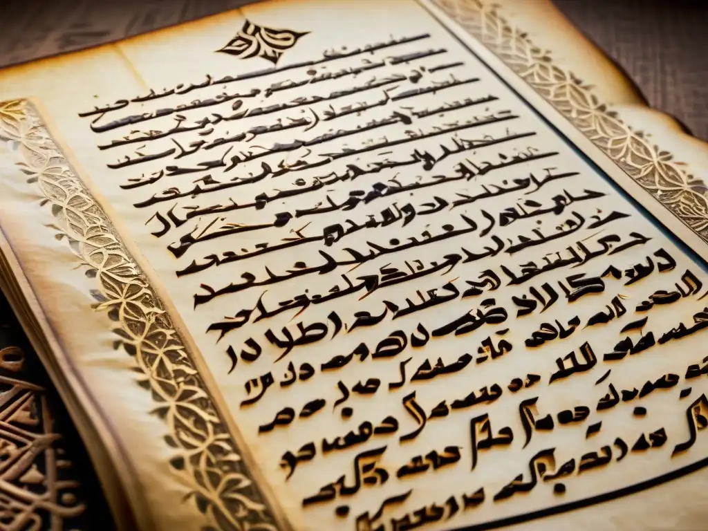 Closeup de antiguo manuscrito con caligrafía árabe, poesía de Rumi, motivos florales y patrones geométricos