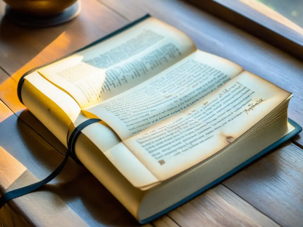 Closeup de Ensayos de Montaigne, libro antiguo en escritorio de madera iluminado por luz suave