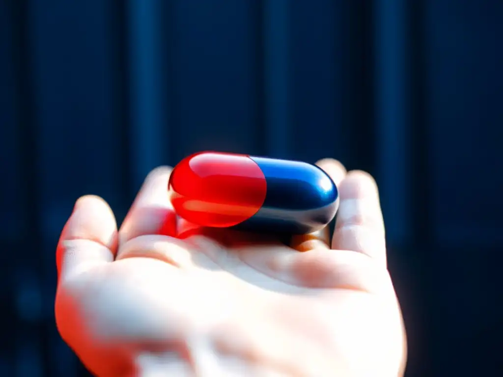 Un close-up de las icónicas píldoras roja y azul de 'The Matrix', descansando en una mano extendida sobre un fondo oscuro y atmosférico