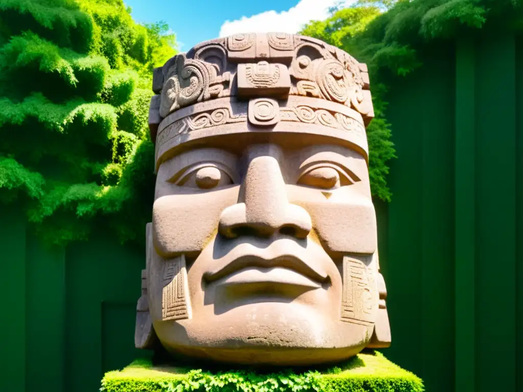 Closeup de la majestuosa cabeza olmeca esculpida en basalto, enmarcada por exuberante vegetación