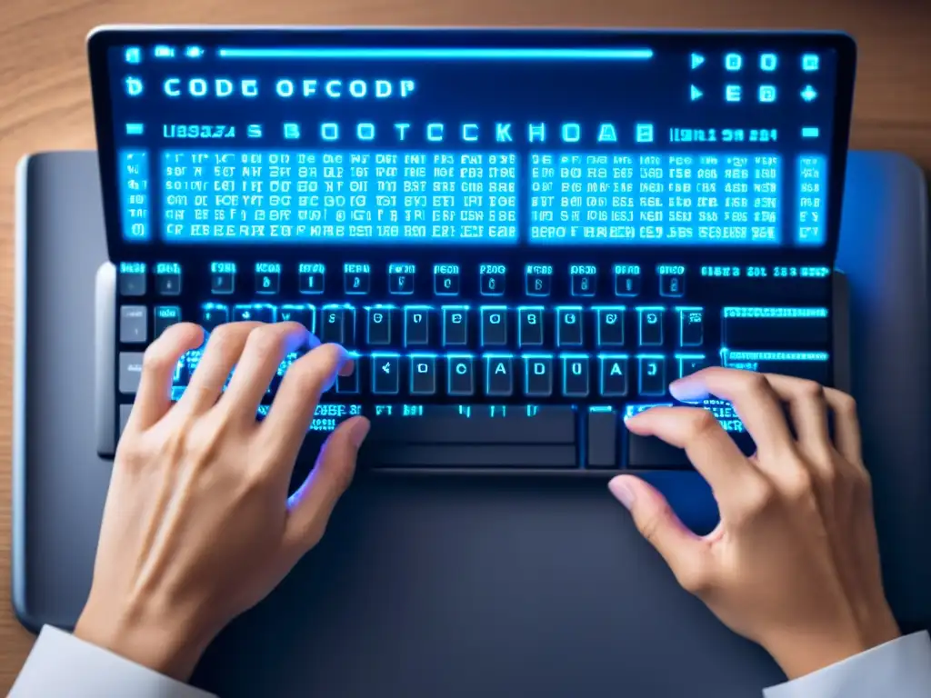 Un close-up de manos tecleando en un teclado, con código de blockchain en la pantalla