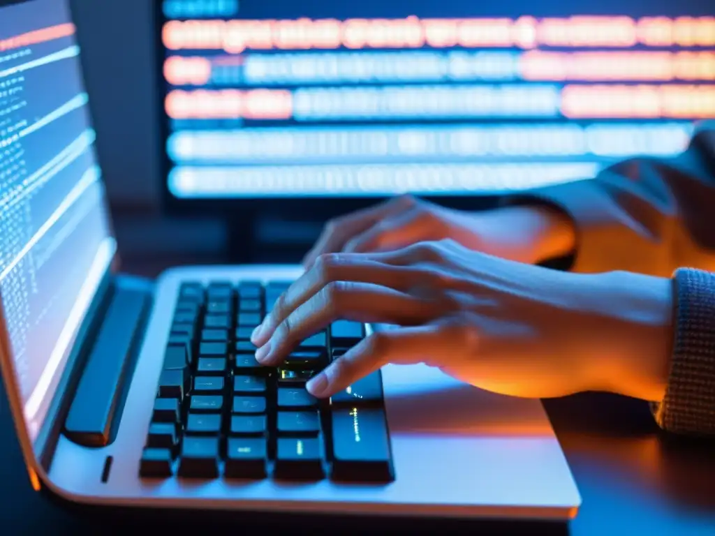Un close-up de manos escribiendo en un teclado, con pantalla de código y datos