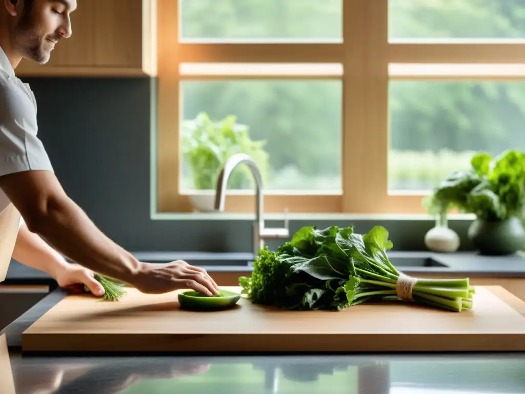 Un cocinero arregla ingredientes frescos en una cocina serena y minimalista, representando la conexión entre la Dieta Taoísta y filosofía gastronómica