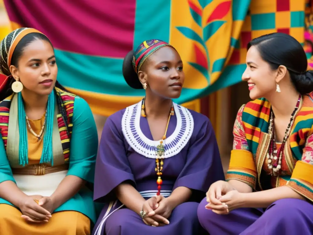 Colaboraciones interculturales feminismo decolonial: Mujeres diversas en profunda colaboración y conversación, vistiendo trajes tradicionales en un escenario colorido y vibrante