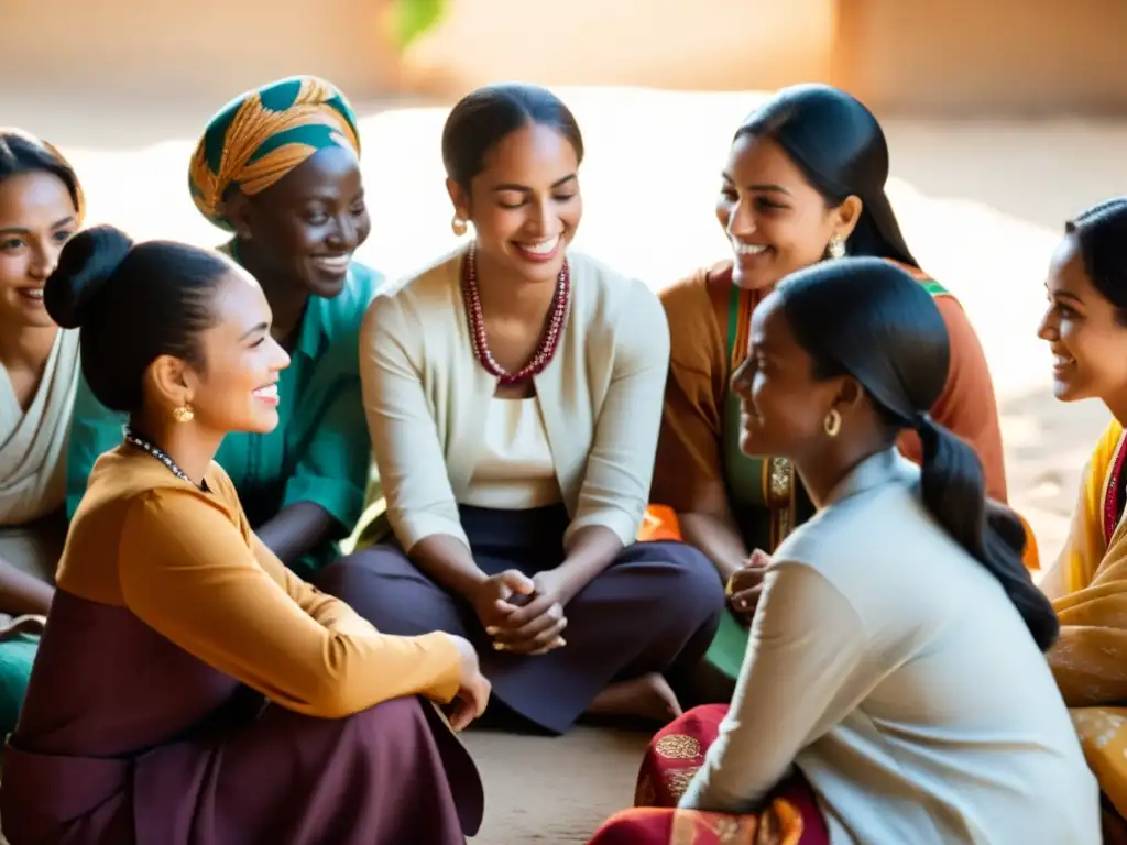 Colaboraciones interculturales feminismo decolonial: mujeres de diversas culturas en círculo, conversando y colaborando con respeto y empoderamiento