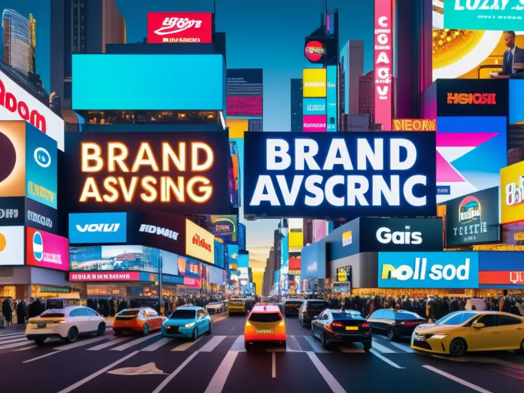 Un collage caótico de marcas y eslóganes publicitarios iluminando la ciudad de noche