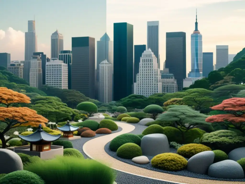 Collage digital de ciudad bulliciosa y jardín Zen sereno, capturando la comparación filosofía oriental occidental narrativa contemporánea