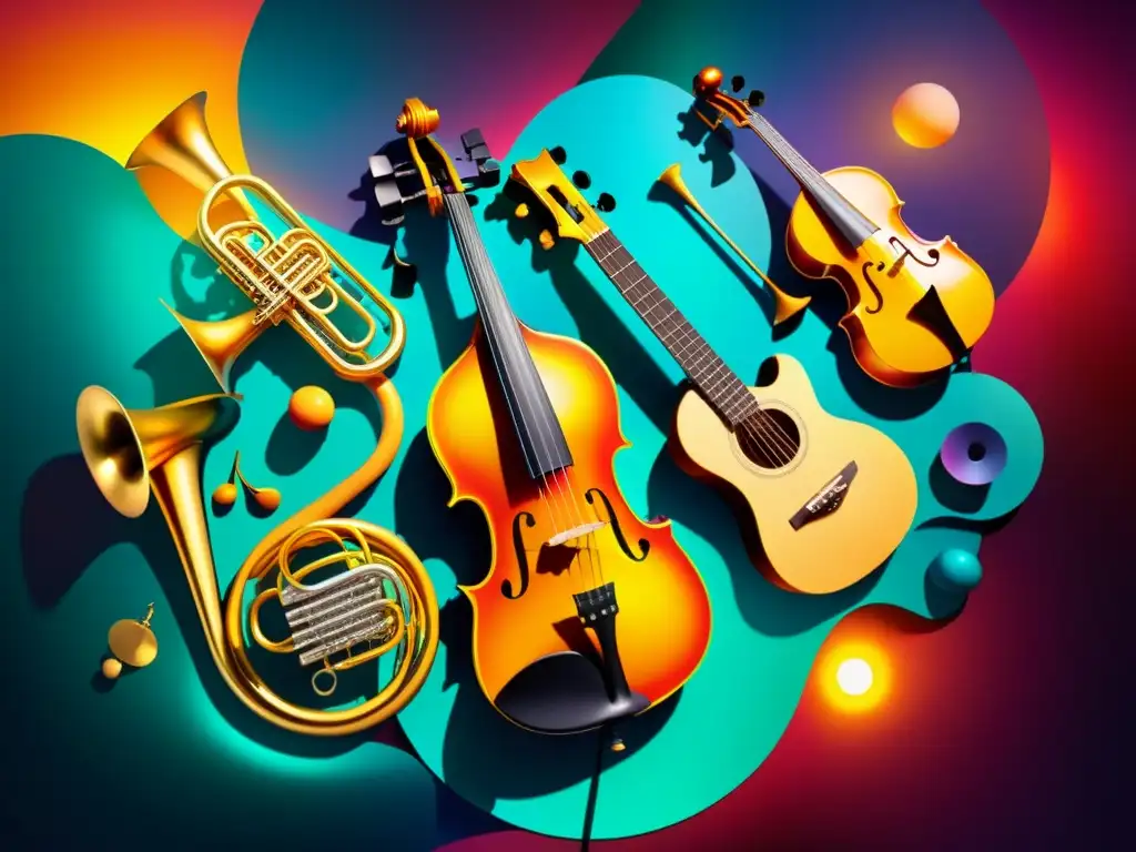 Collage digital vibrante con instrumentos musicales superpuestos en una atmósfera surrealista