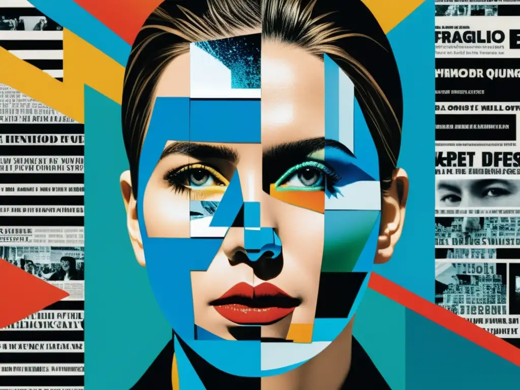 Collage de espejos fragmentados reflejando rostros distorsionados y texto variado, simbolizando la complejidad de la identidad en el mundo postmoderno