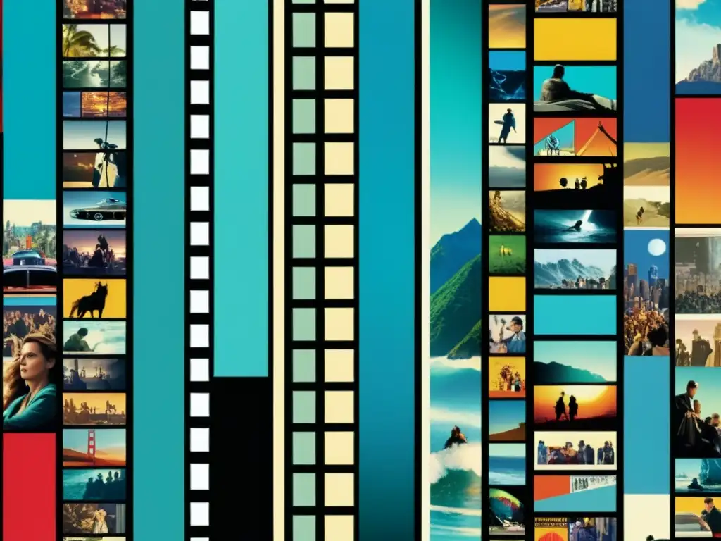 Collage de narrativas fragmentadas postmodernismo cine: caos visual y colores vibrantes en film strips de películas clásicas y contemporáneas