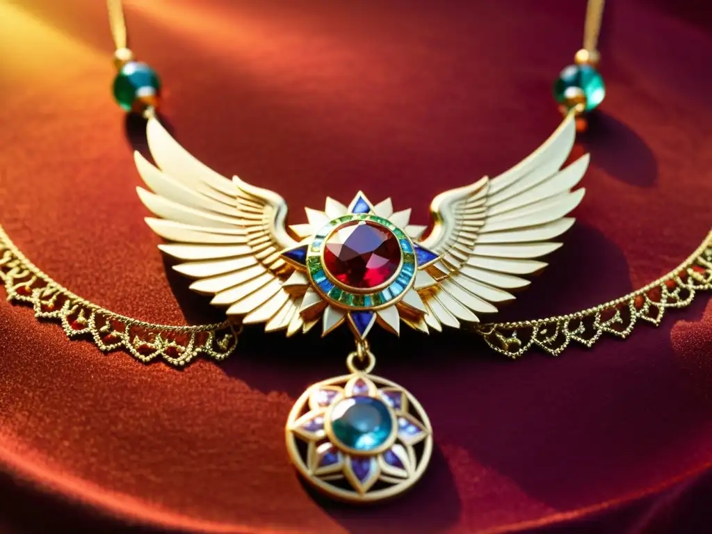 Un collar de oro con un colgante en forma de símbolo solar alado, decorado con gemas vibrantes sobre un paño de terciopelo rojo bordado