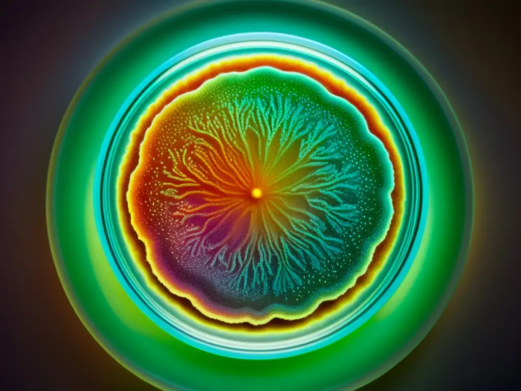 Colores vibrantes y patrones intrincados en bacterias en una placa de Petri, mostrando la estética y simbolismo en ciencia